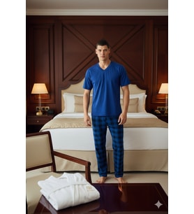 Yeni Sezon Büyük Beden V.Yaka Lüx Tasarım Pijama Takımı (Mavi)