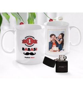 BK Gift Kişiye Özel Babalar Günü Hediyesi Fotoğraflı Kupa Bardak ve Benzinli Çakmak Seti-38 (Model 1)