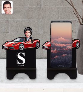 BK Gift Kişiye Özel Plakalı Erkek Ferrari F12 Karikatürlü Ahşap Biblo Telefon Standı-1