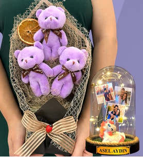 Sizlere Özel Led Işıklı Fanus ve Büyük Boy Mor Peluş Ayıcık Buketi - Premium Hediye Seti (Model 5)