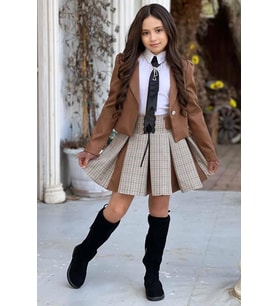 Kız Çocuk Blazer Ceket, Kravat Çizgili Kahverengi Etekli Takım