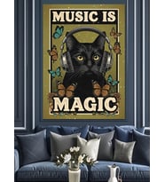 Kulaklıklı Müzik Dinleyen Siyah Kedi Dekoratif Kanvas - Mdf Ahşap Tablo
