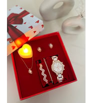 Rose Saat - İnci Kolye Bileklik ve Küpe Hediyeli Kalp Set Kutu