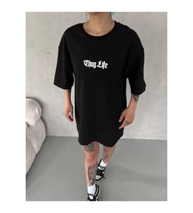 Unisex Bisiklet Yaka Baskılı Oversize T-Shirt - Siyah