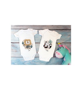Özel Tasarım Lisanslı Sevimli Aslan Panda Ikili Bebek Body Beyaz 2'li Bebek Zıbın