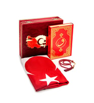 Türkiye Haritalı Bayraklı Kadife Kutulu Kuran Seti Kırmızı