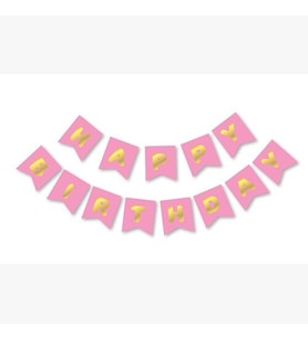 Pembe Üzeri Gold Happy Bırthday Yaldızlı Harf Banner