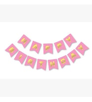 Pembe Üzeri Gold Happy Bırthday Yaldızlı Harf Banner