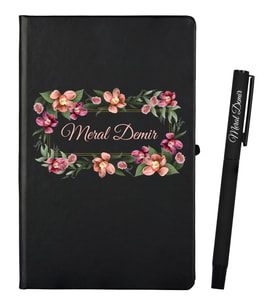 İsme Özel Arkadaşa Hediye Siyah Defter ve Siyah Roller Kalem Seti