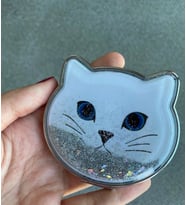 Kedi Tasarımlı Simli Sulu Kozmetik Cep Çanta Aynası Kapaklı El Makyaj Aynası