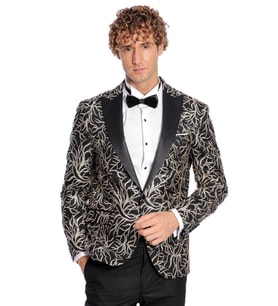 Işıltılı Sarmaşık Desenli Slim Fit Siyah Erkek Smokin Ceket - Wessi