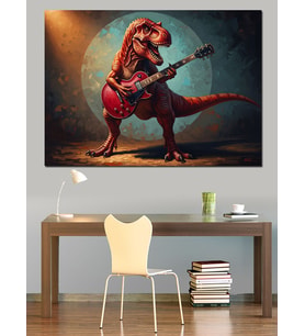 Gitar Çalan Kırmızı Dinozor Karakteri Dekoratif Kanvas - Mdf Ahşap Tablo