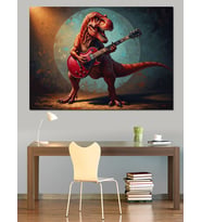 Gitar Çalan Kırmızı Dinozor Karakteri Dekoratif Kanvas - Mdf Ahşap Tablo