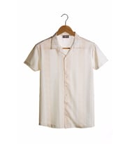 Erkek Bej Kısa Kollu Pamuklu Etnik Desenli Slimfit Apaş Yaka Gömlek 21Y-4300594-07