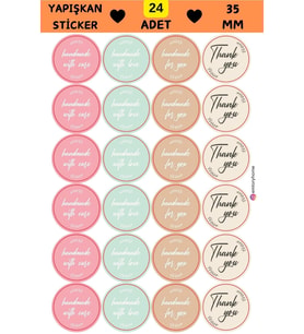 24 Adet - Handmade Sticker  With Case & With Love & For You Sticker -  Thank You Sticker (Pembe)