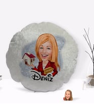 BK Gift Kişiye Özel İsimli Kadın Emlakçı Karikatürlü Yuvarlak Dekoratif Kırlent Yastık-2