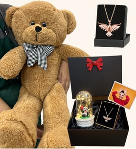 Zümdürü Anka Kuşu Kolyeli Fotoğraflı Premium Hediye Seti - Büyük Kahve Peluş Ayıcıklı (Model 3)