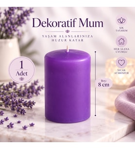 Mor Dekoratif Silindir Mum 8 cm – Şık Ev Dekorasyon Mumu 1 Adet