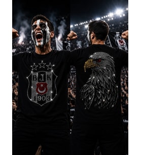 Beşiktaş Kartal Kristal Taş İşlemeli Premium Unisex Oversize Tişört - Siyah Beyaz Taraftar Tasarımı