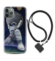 Apple iPhone 11 12 13 14 Pro Max Kılıf Boyun Askılı Silikon Astronot ve Dünya 1759