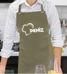 BK Gift Kişiye Özel İsimli Chef Tasarımlı Profesyonel Haki Yeşil Mutfak Önlüğü, Aşçı Önlüğü, Şef Önlüğü, Arkadaşa Hediye-2