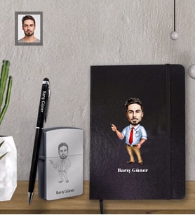 Kişiye Özel Öğretmen Karikatürlü  Siyah Defter Kalem Çakmak Hediye Seti  Bay-16 (Model 1)