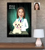 Kişiye Özel Karikatür Baskılı Ahşap Tablo Veteriner Kadın-1 30x40