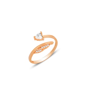 Gümüş rose zirkon taşlı kalp ve yaprak modeli ayarlamalı yüzük SGTL12167ROSE