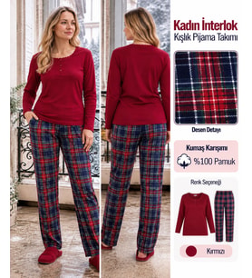 Angelina Kadın Düğmeli Yaka %100 Pamuk İnterlok Kışlık Pijama Takımı 10021 - 1 Adet