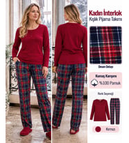 Angelina Kadın Düğmeli Yaka %100 Pamuk İnterlok Kışlık Pijama Takımı 10021 - 1 Adet