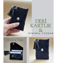 Hakiki Eskitme Deri Kadın Minimal Avuçiçi Tasarım Kartlık & Cüzdan Antrasit Siyah