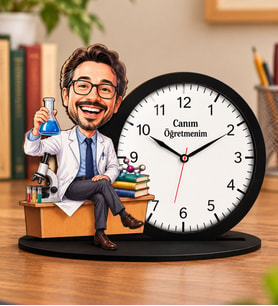 Kişiye Özel Karikatürlü Öğretmen Ahşap Biblo Masa Saati