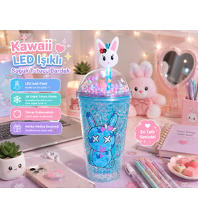 Çift Katmanlı İçecek Bardağı LED Işıklı Pipetli Kawaii Chibi Sevimli Tavşan Figürlü Suluk 450ML Mavi