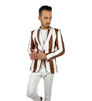 Kahverengi Beyaz Şerit Desen Torba Cep Blazer Tek Ceket Slim Fit  Agustini