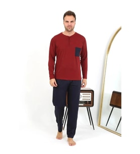 Giyim Erkek Uzun Kol Penye Bordo Pijama Takımı