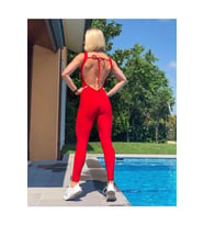 Kırmızı Derin Sırt Dekolteli Spor Tayt Tulum