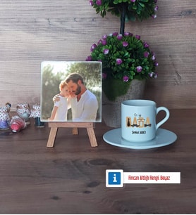 Babaya Doğum Günü Hediyesi Fotoğraflı Dekoratif Taş, Ahşap Altlıklı Türk Kahvesi Fincanı Hediye Babalar Günü Hediyesi (Model 2)