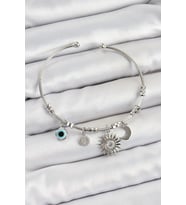 Pirinç Zirkon Taşlı Güneş Ay Ve Nazar Model Gümüş Renk Charm Bileklik 5886 - HPSBYI9388-561