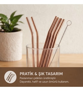 6'lı Kaşıklı Pipet Seti - Bronz - Pipet Temizleme Fırçası