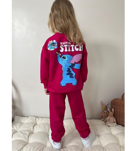 Cg Kids Stitch Temalı Sırt Baskı Detay Kız Çocuk 2 iplik Alt Üst Sweatshirt Eşofman Takım (Pembe)