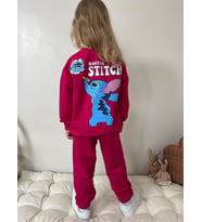 Cg Kids Stitch Temalı Sırt Baskı Detay Kız Çocuk 2 iplik Alt Üst Sweatshirt Eşofman Takım (Pembe)