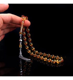 925 AYAR GÜMÜŞ PÜSKÜLLÜ ARPA KESİM ATEŞ KEHRİBAR TESBİH (Sarı)
