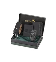Polo Air Mercek Takvimli Erkek Kol Saati Cüzdan Kemer Kartlık Seti Siyah Renk PL-7097E1
