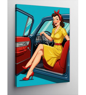 Kanvas Tablo Retro Araba ve Sarı Elbiseli Kadın
