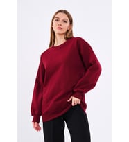 Bordo Kadın Pamuklu Oversize Basic Bisiklet Yaka Sweatshirt