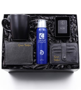 Kişiye Özel Zippo Çakmak & Erkek Deodorant & Cüzdan & Kartlık & Siyah Kupa Hediye Seti