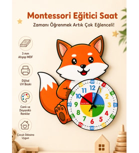 Montessori Eğitici Tilki Temalı Çocuk Duvar Saati  Renkli Ahşap Saat + UV Baskı