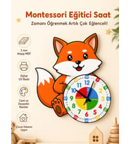 Montessori Eğitici Tilki Temalı Çocuk Duvar Saati  Renkli Ahşap Saat + UV Baskı