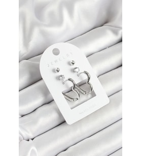 Pirinç Zirkon Taş Ve Kalp Figürlü Gümüş Renk 3'lü Çift Kadın Küpe Set - TJ-BKP10644