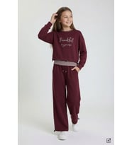 Bordo Kız Çocuk Çizgili Croplu Sweatshirt 3lü Geniş Paça Eşofman Takımı 24778